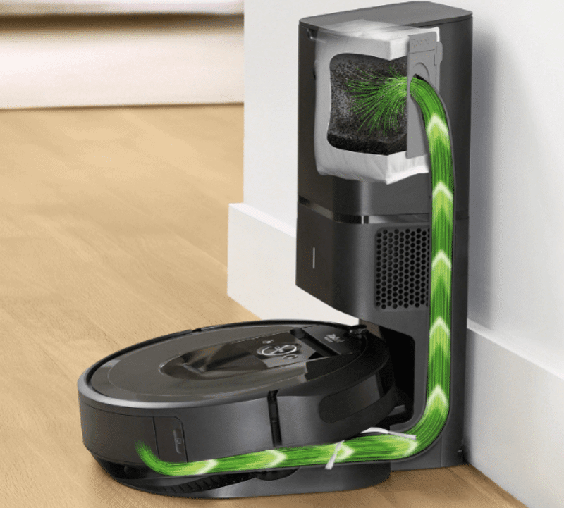 Die Funktionsweise der iRobot Roomba Absaugstation wird dargestellt